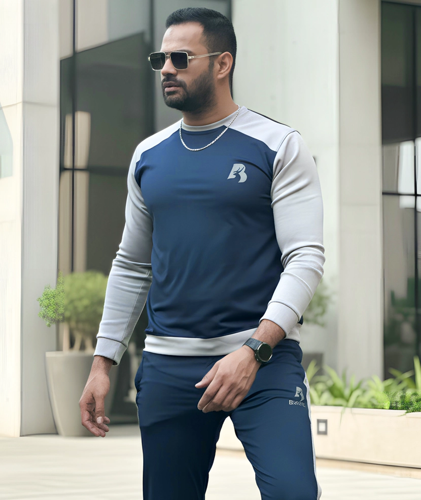 Male model in blue Buckfits scuba tracksuit